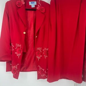 Mark Womens Red 3D Floral Applique Skirt Suit Set Blazer Plus Size 16W Vintage